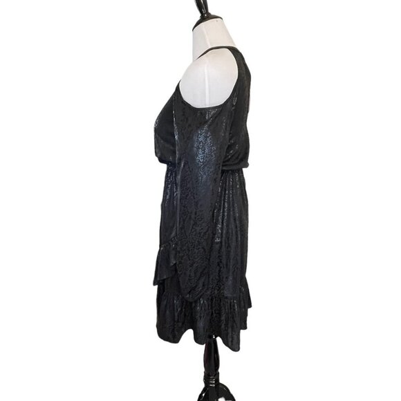 NWT michael kors black snake print long cold shoulder sleeve flounce hem dress S - Picture 3 of 9